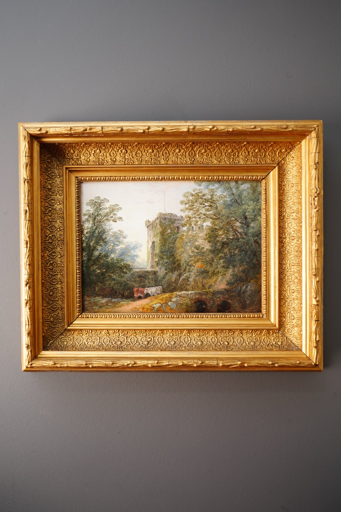 *Reserved for Beverly* Antique Victorian Oil Painting English Landscape Castle Ruins Gilt Frame