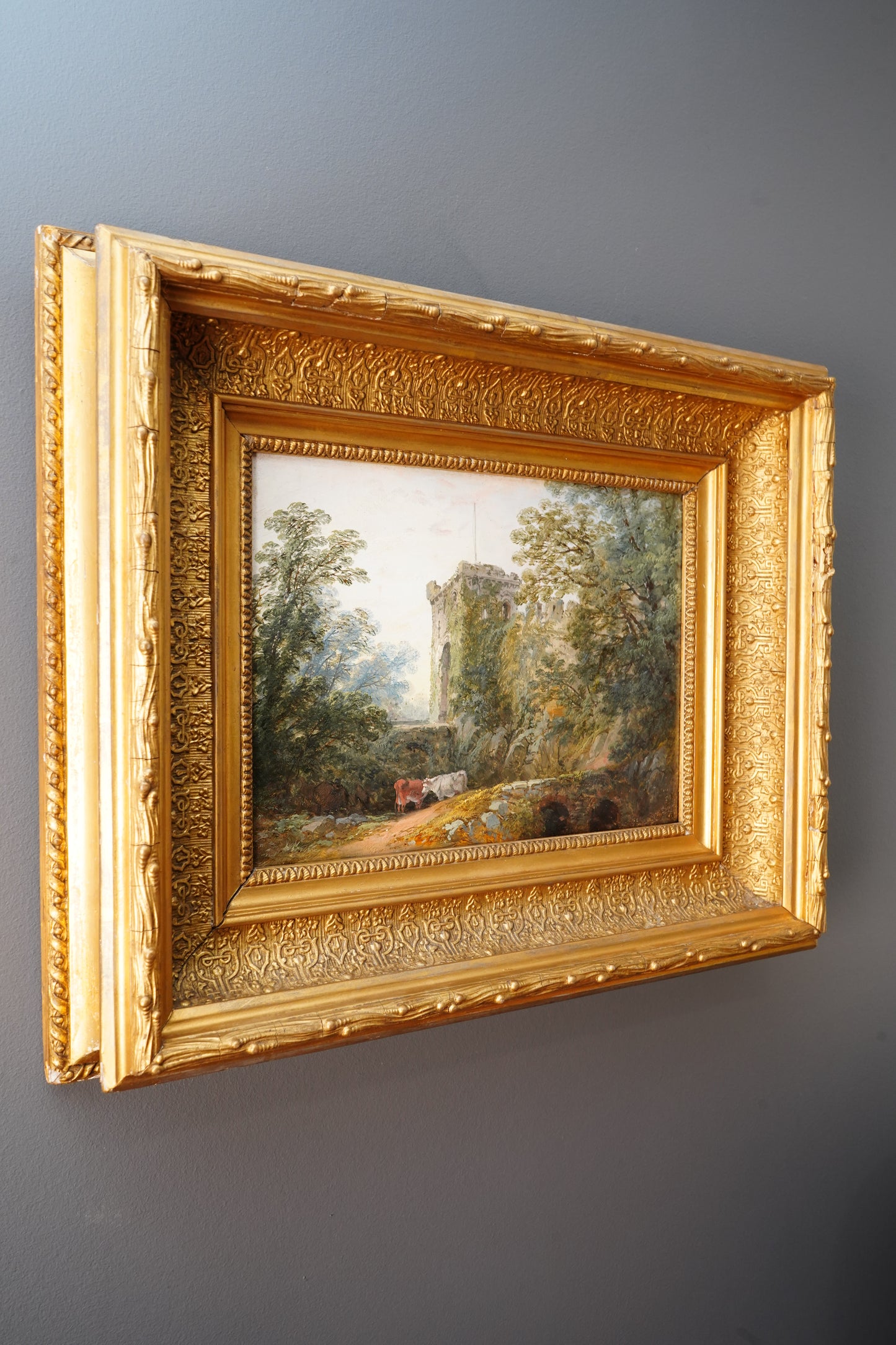 *Reserved for Beverly* Antique Victorian Oil Painting English Landscape Castle Ruins Gilt Frame