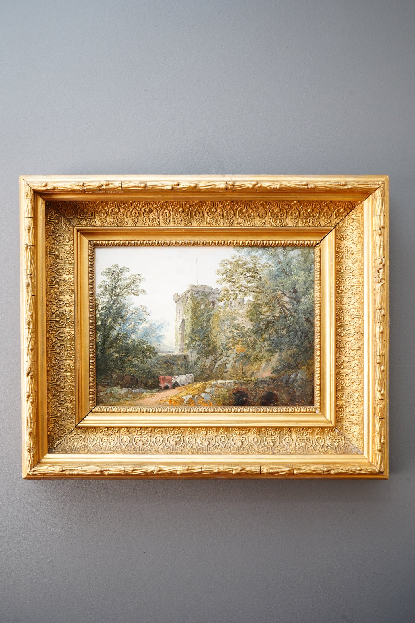 *Reserved for Beverly* Antique Victorian Oil Painting English Landscape Castle Ruins Gilt Frame