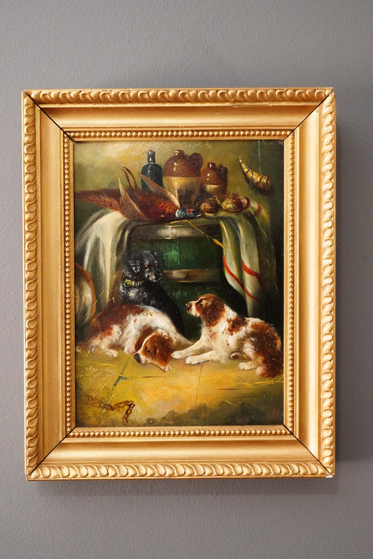 Antique English Sporting Dog Oil Painting, Spaniels and Hunting Still Life, Gilt Frame