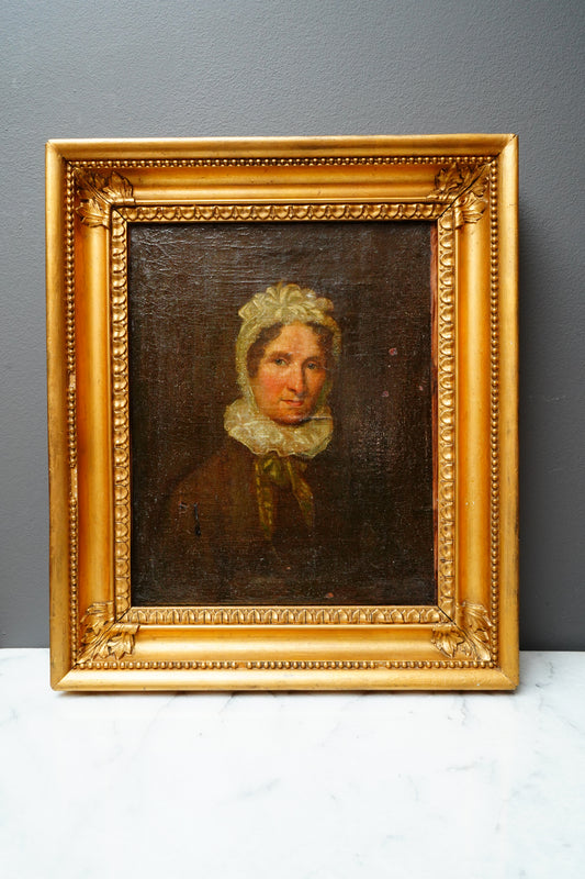 Antique British Portrait of a Woman in Bonnet, Oil on Canvas, Inscribed Dedication