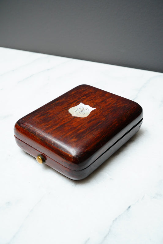 Antique Rosewood Pocket Watch Box with Mother-of-Pearl Monogram