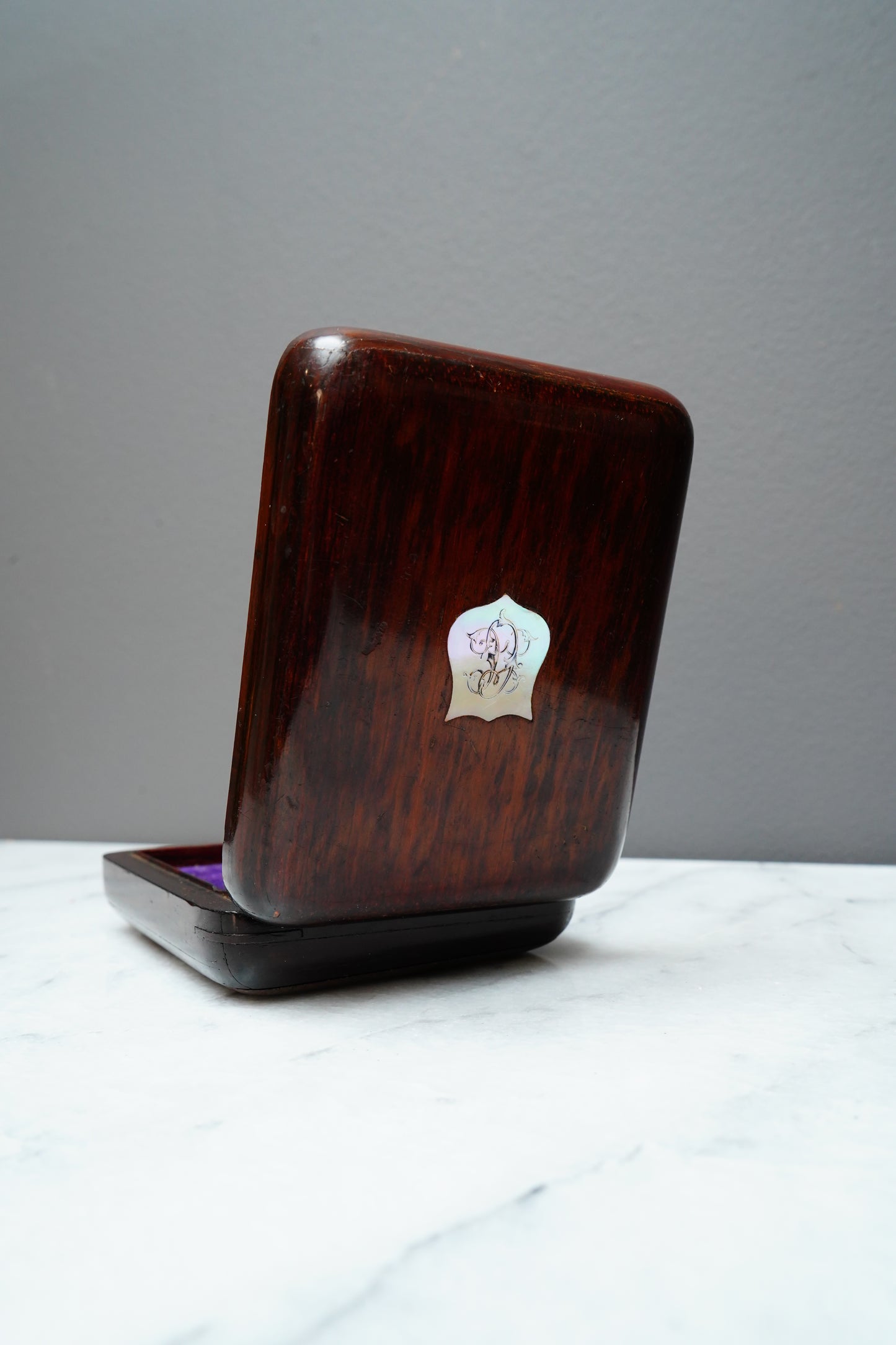 Antique Rosewood Pocket Watch Box with Mother-of-Pearl Monogram