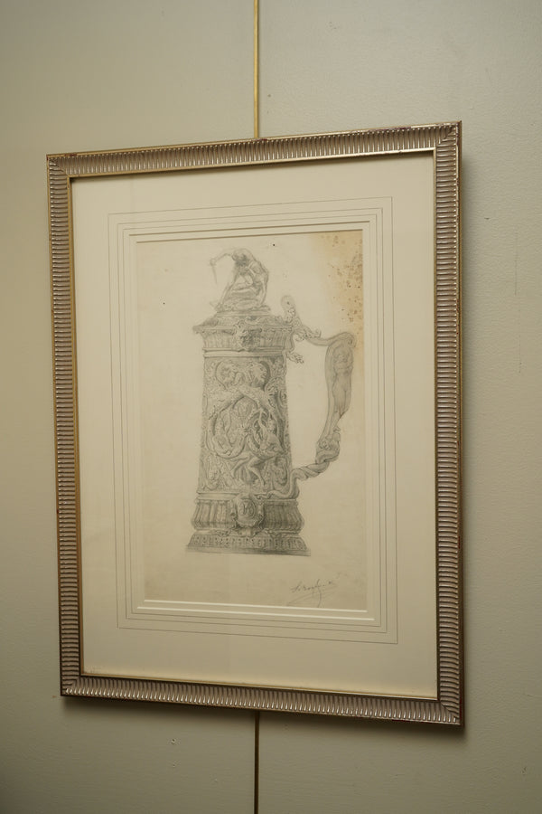 Henry Bouvet (French, 1859–1945) – Study of a Tankard, Signed Pencil Drawing on Paper, Framed secondary view