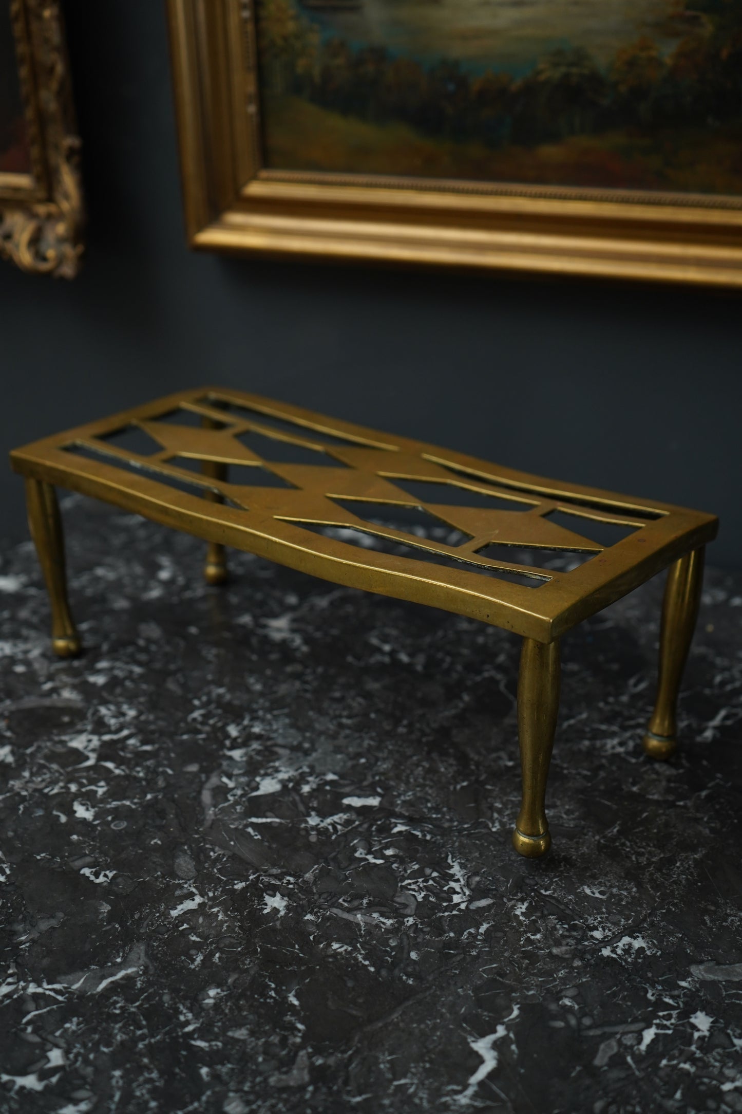 Antique Brass Footman Trivet Stool – Pierced Geometric Hearth Stand