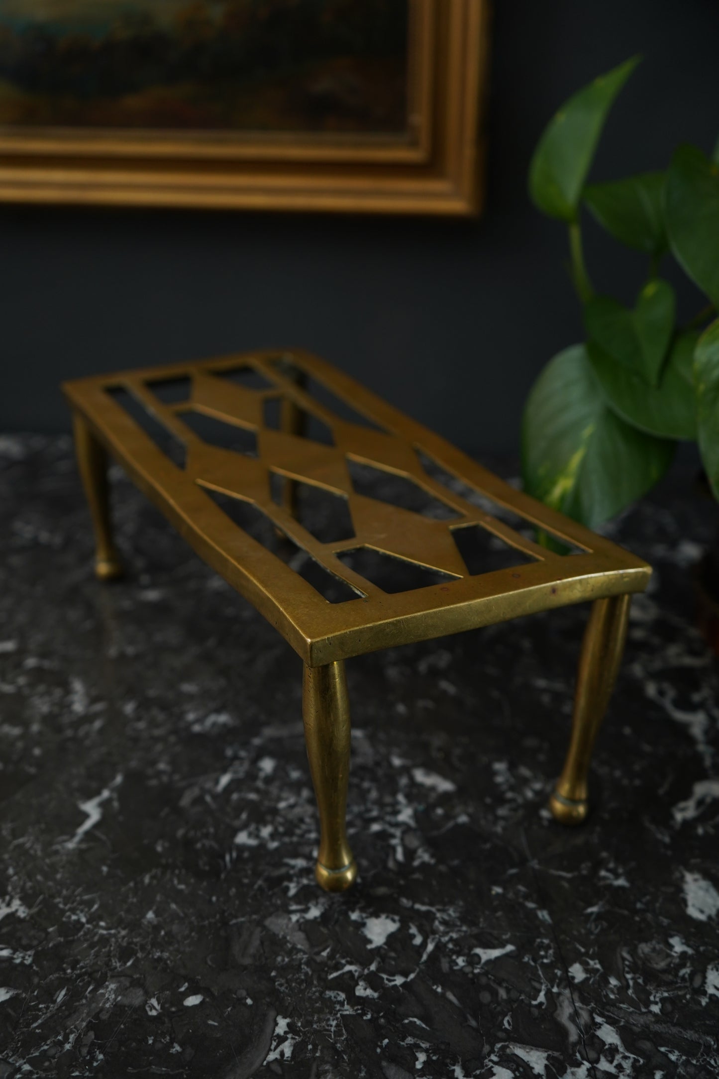 Antique Brass Footman Trivet Stool – Pierced Geometric Hearth Stand