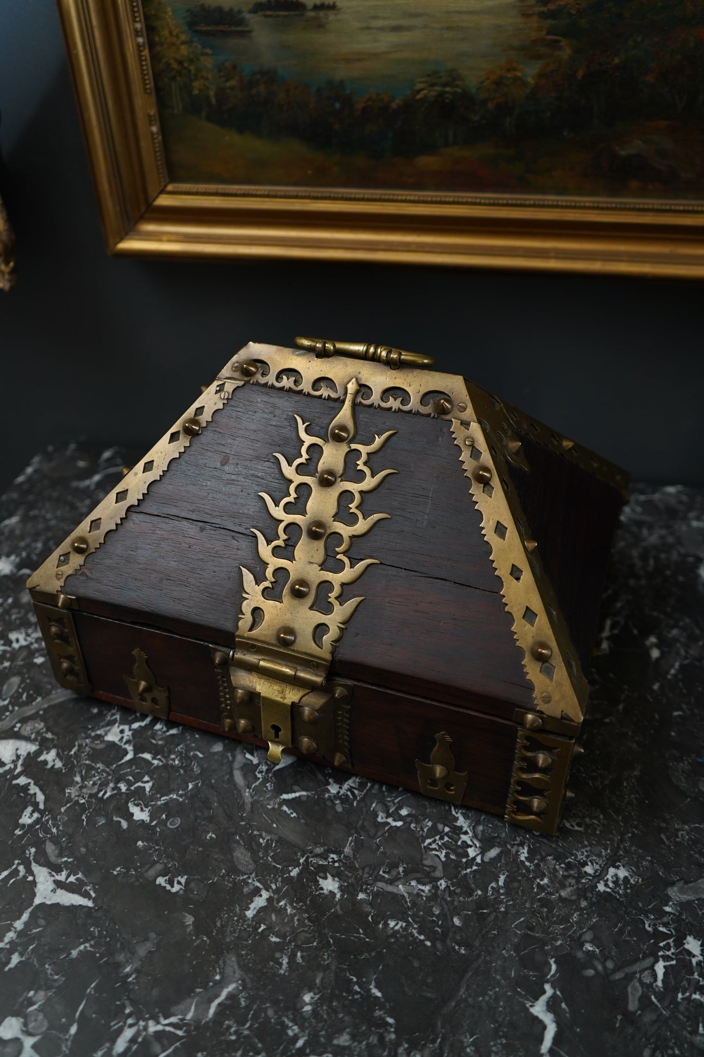 Antique Anglo-Indian Brass Mounted Keepsake Box | 19th Century Rosewood Storage Chest