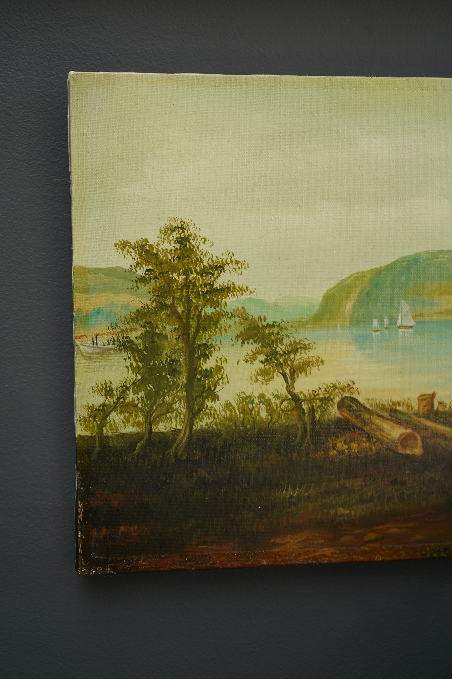 Vintage Hudson River School Style Oil on Canvas Landscape with Sailboats, Mid 20th Century Unframed