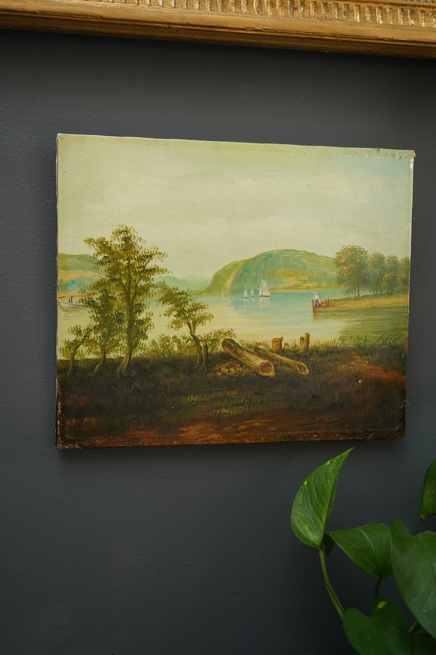 Vintage Hudson River School Style Oil on Canvas Landscape with Sailboats, Mid 20th Century Unframed