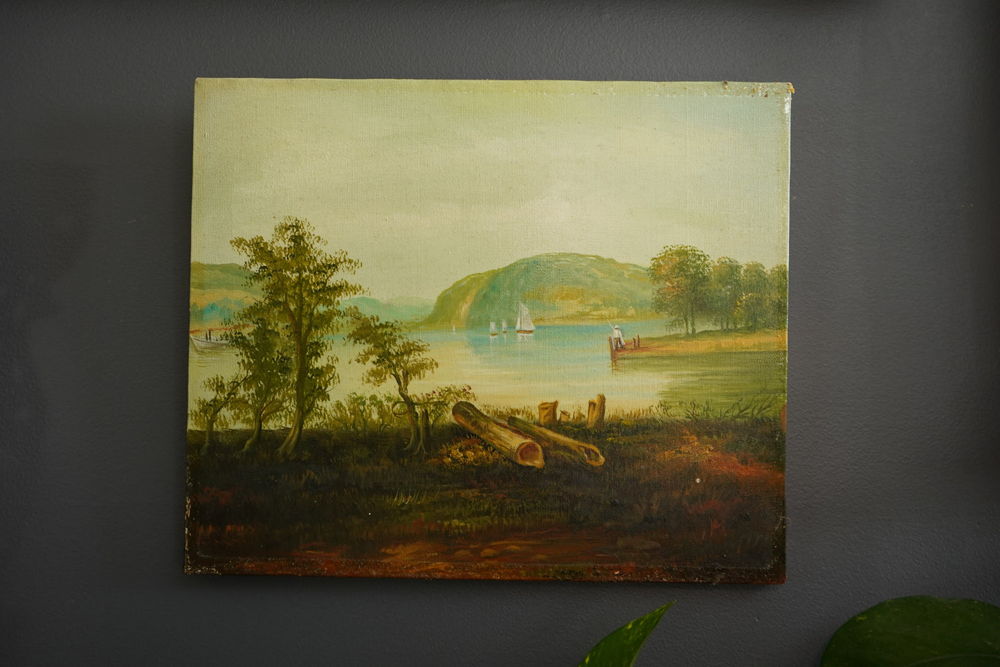 Vintage Hudson River School Style Oil on Canvas Landscape with Sailboats, Mid 20th Century Unframed