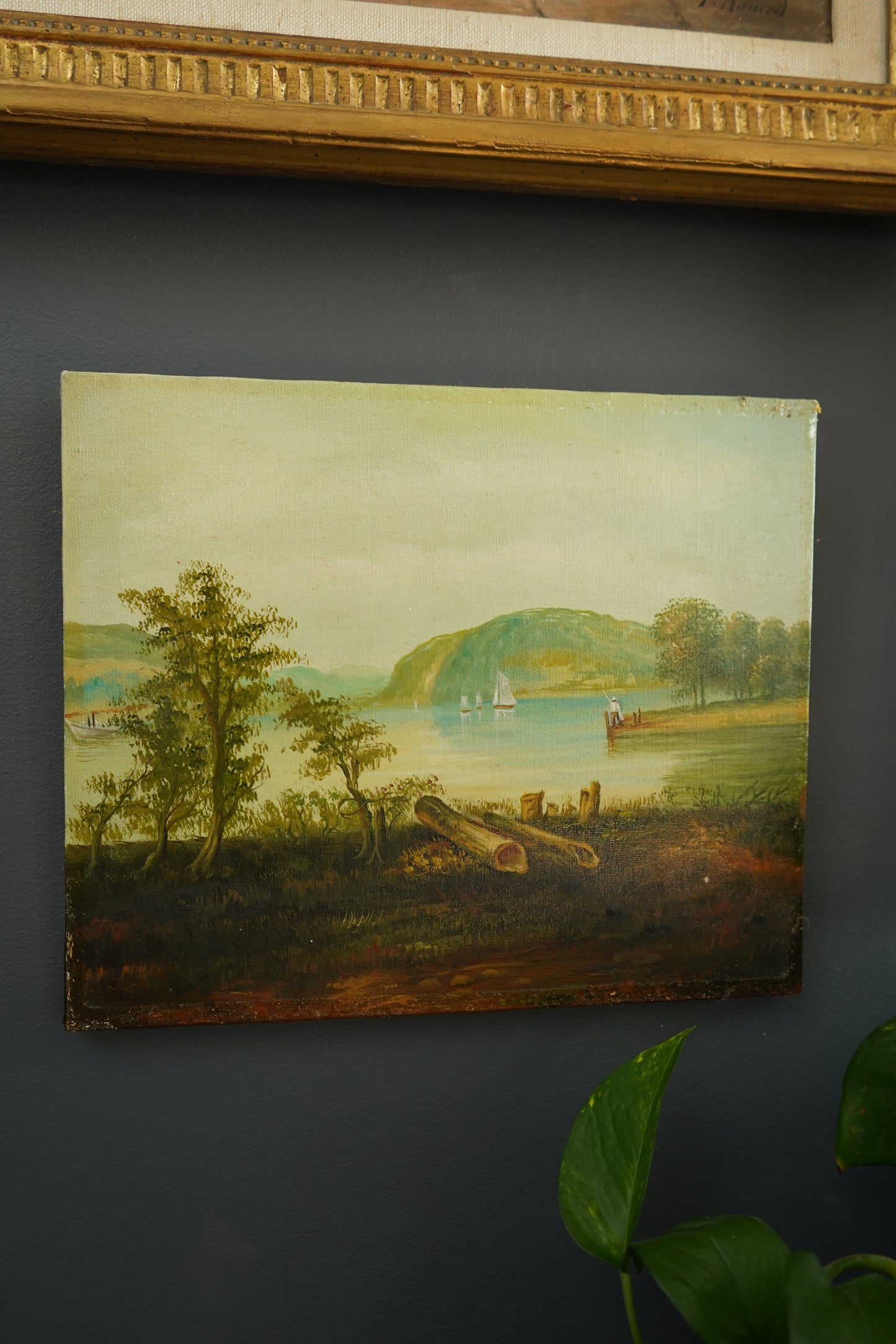 Vintage Hudson River School Style Oil on Canvas Landscape with Sailboats, Mid 20th Century Unframed