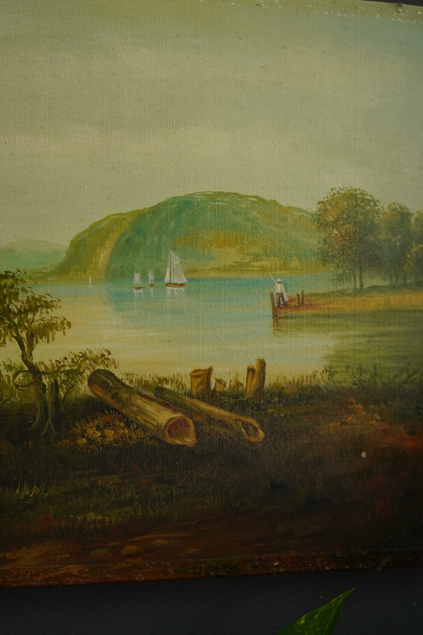 Vintage Hudson River School Style Oil on Canvas Landscape with Sailboats, Mid 20th Century Unframed