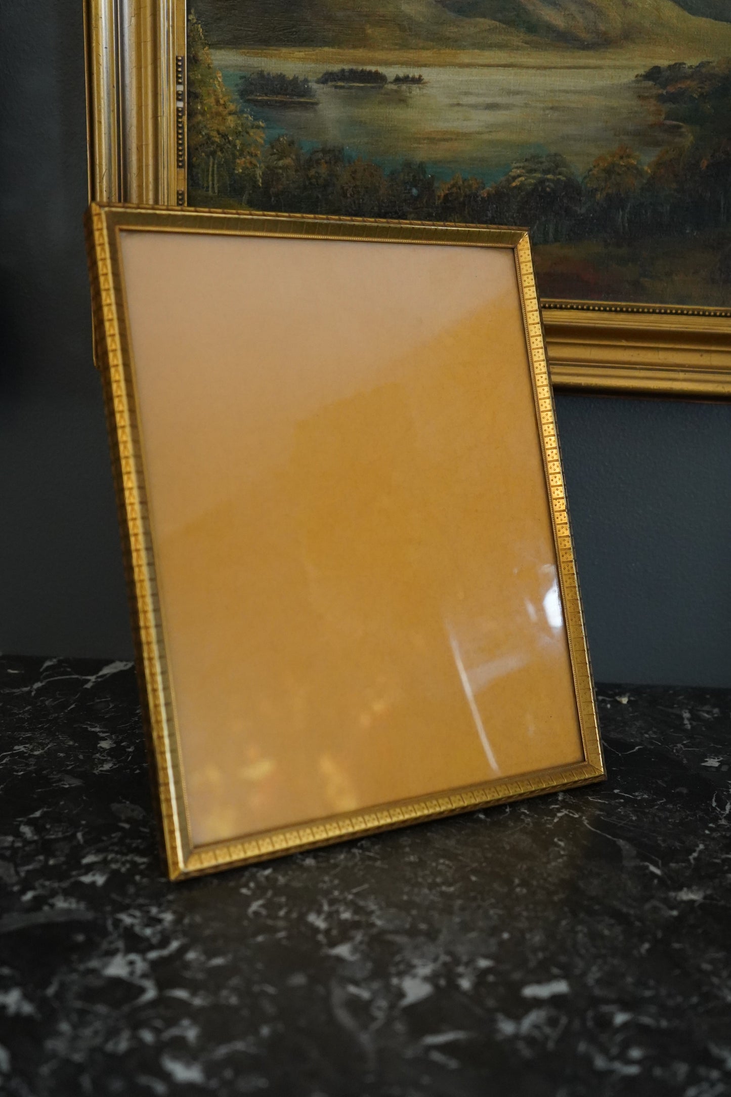 Gold Plated Picture Frame with Geometric Border | Vintage Brass Picture Frame