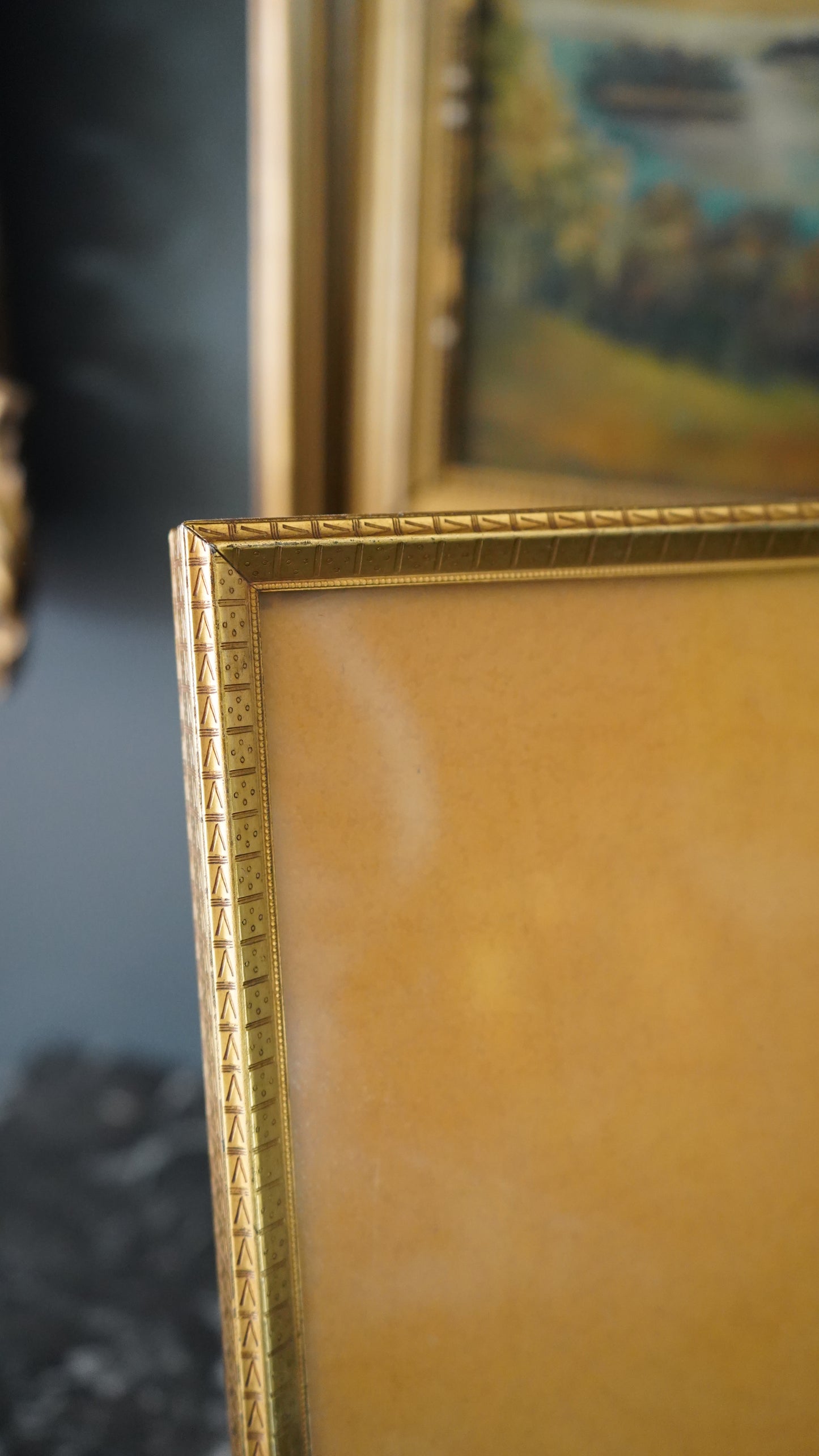 Gold Plated Picture Frame with Geometric Border | Vintage Brass Picture Frame