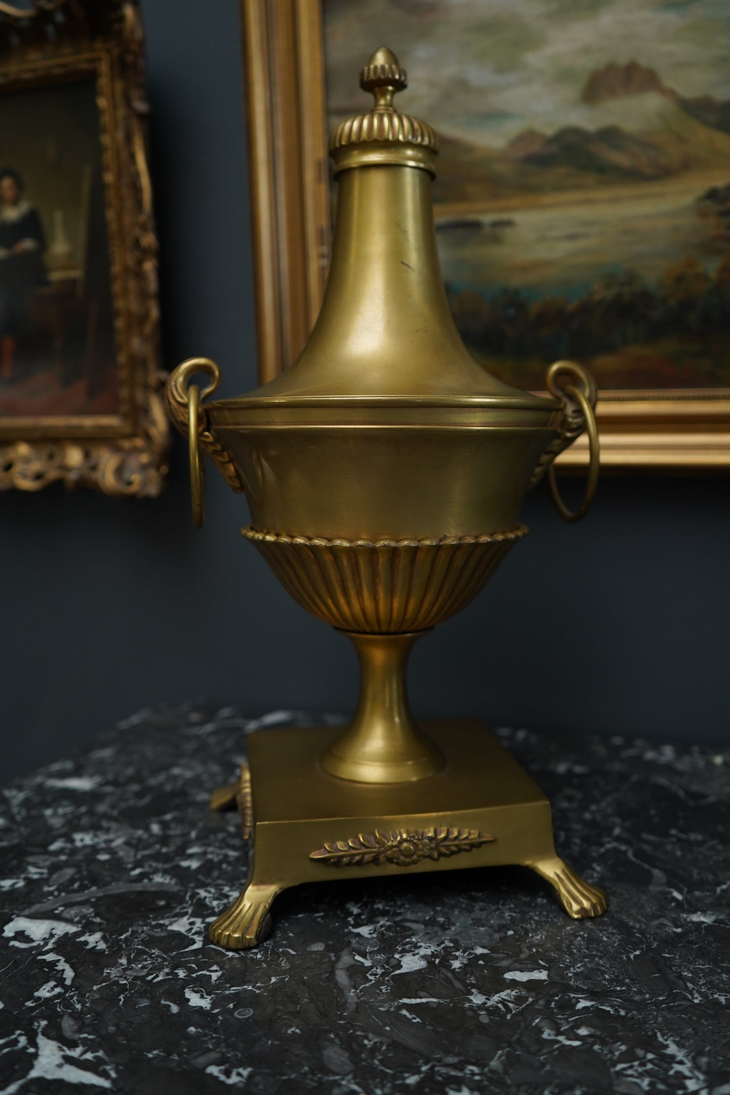 Antique Neoclassical Brass Urn with Lid and Laurel Motifs – Late 19th Century Decorative Mantel Piece