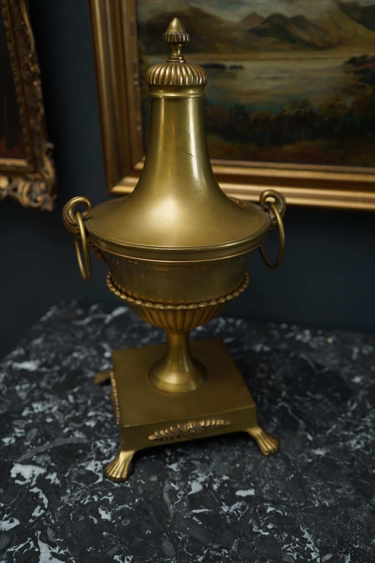 Antique Neoclassical Brass Urn with Lid and Laurel Motifs – Late 19th Century Decorative Mantel Piece