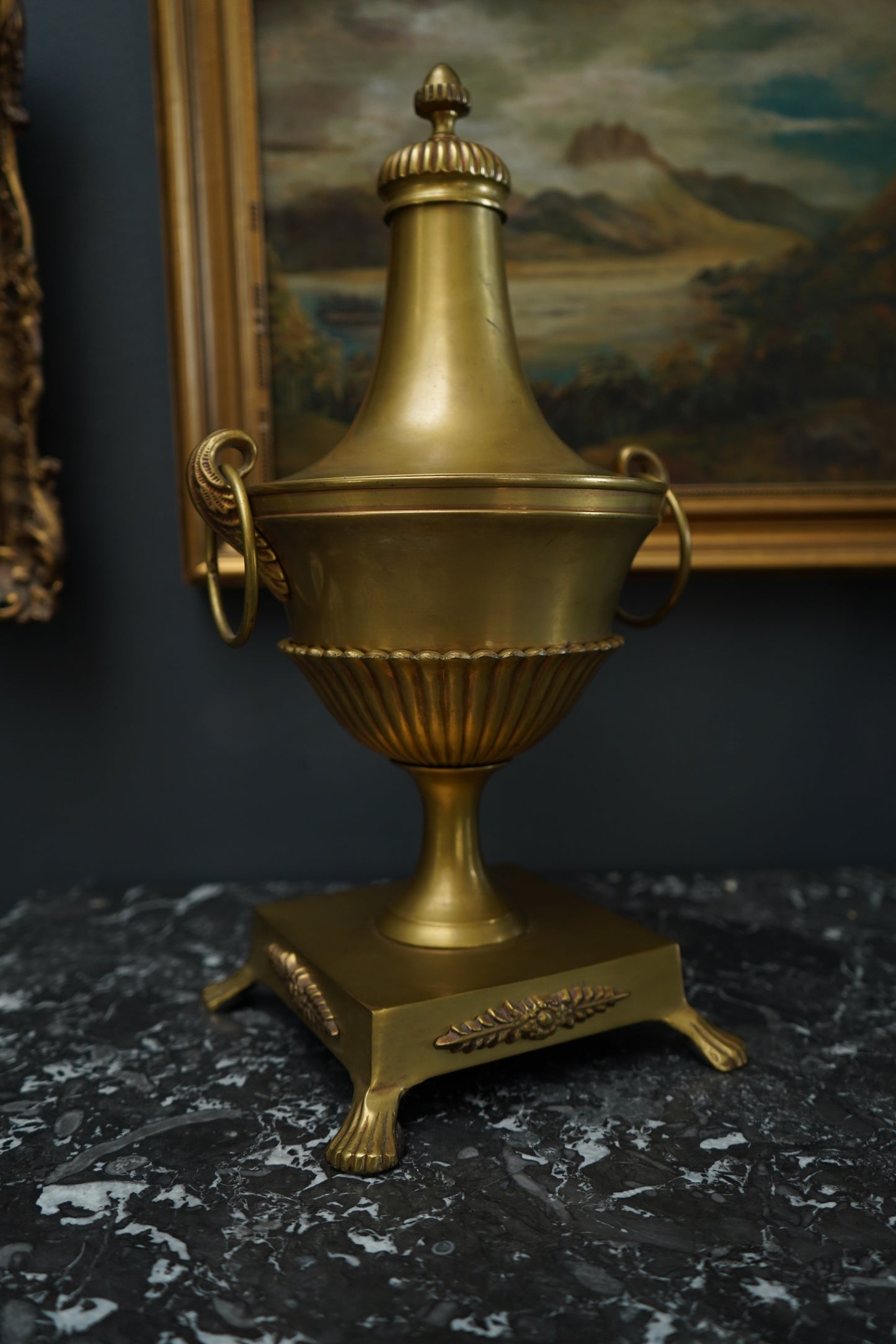 Antique Neoclassical Brass Urn with Lid and Laurel Motifs – Late 19th Century Decorative Mantel Piece