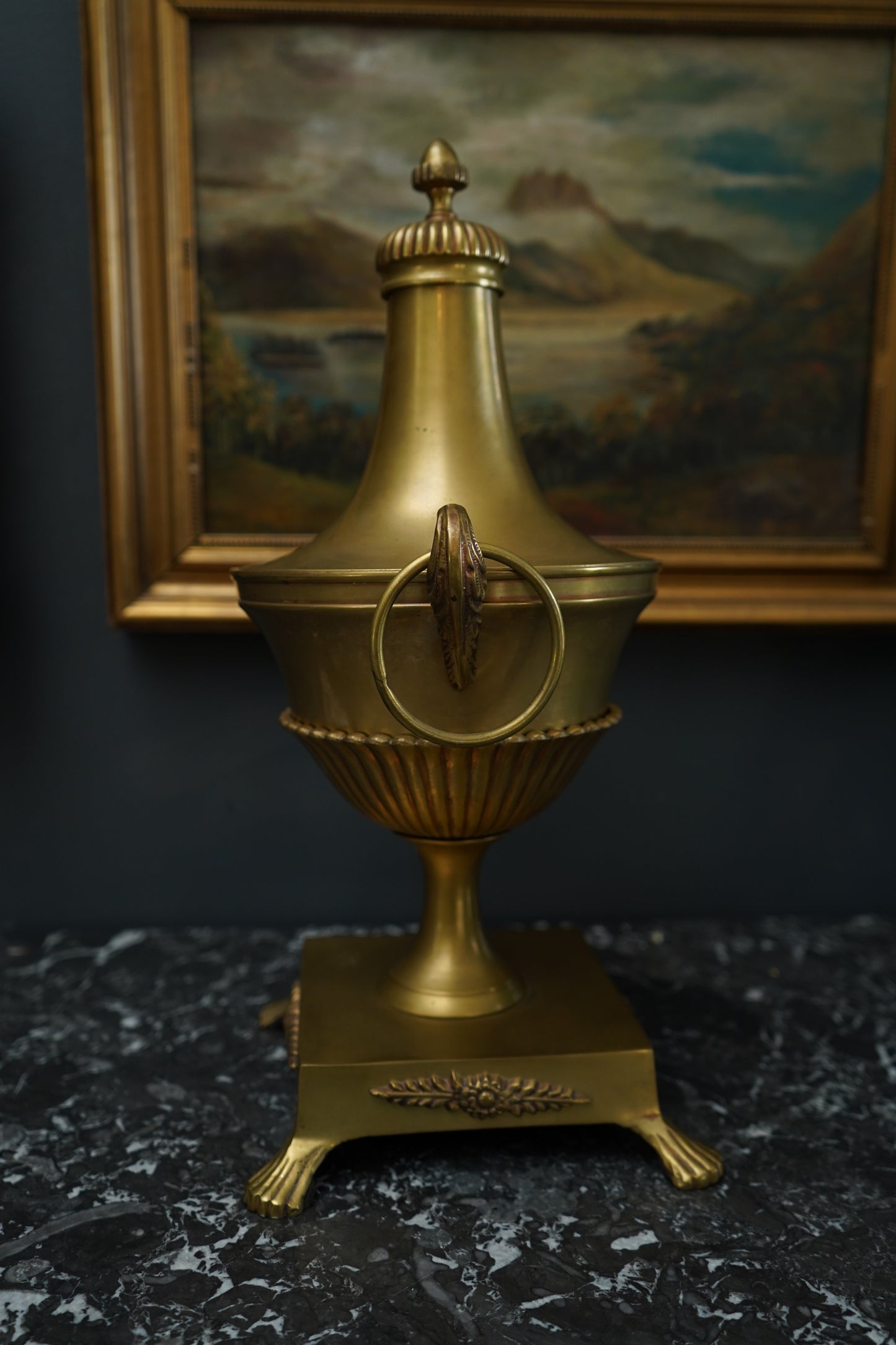 Antique Neoclassical Brass Urn with Lid and Laurel Motifs – Late 19th Century Decorative Mantel Piece