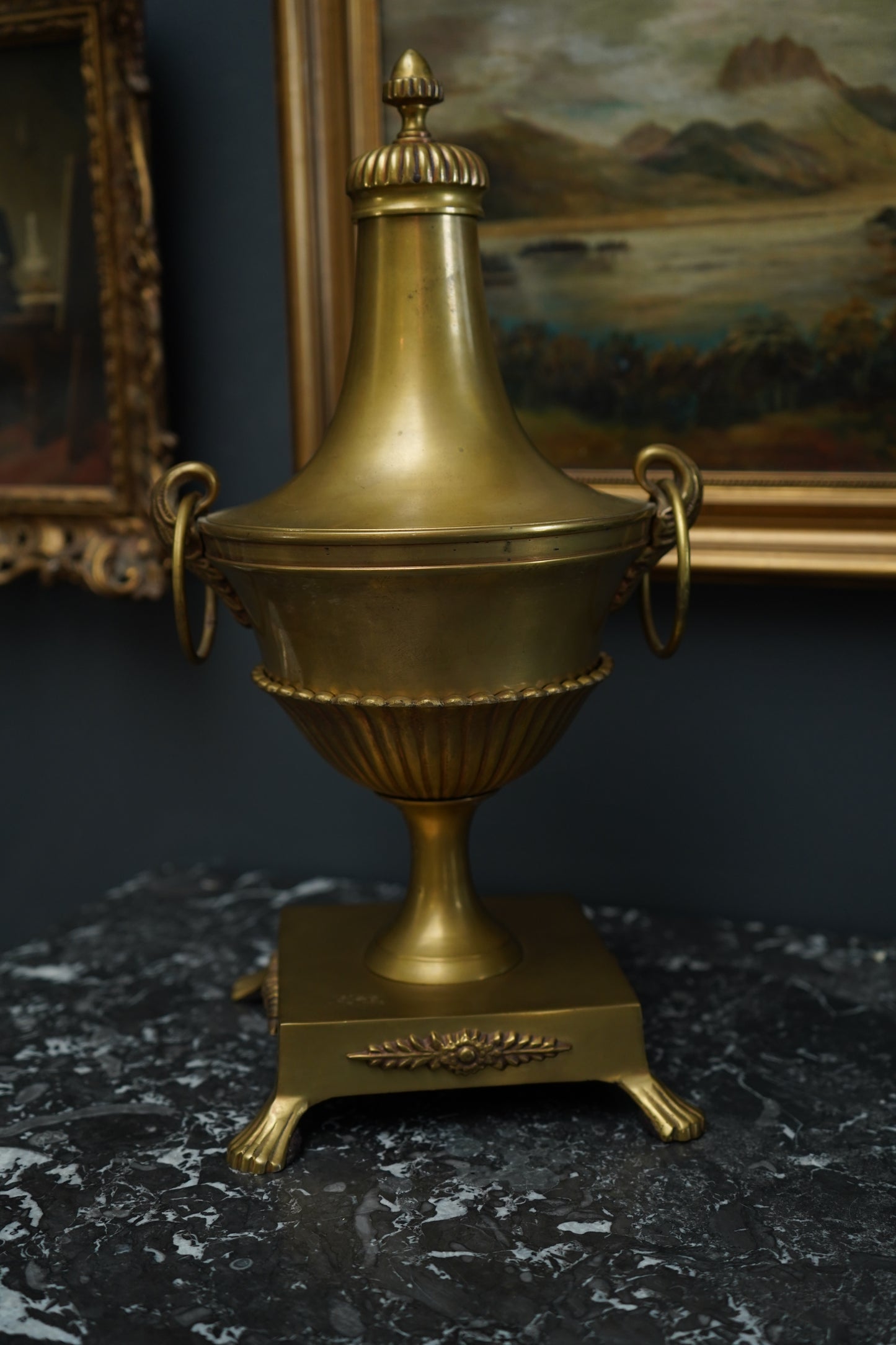 Antique Neoclassical Brass Urn with Lid and Laurel Motifs – Late 19th Century Decorative Mantel Piece