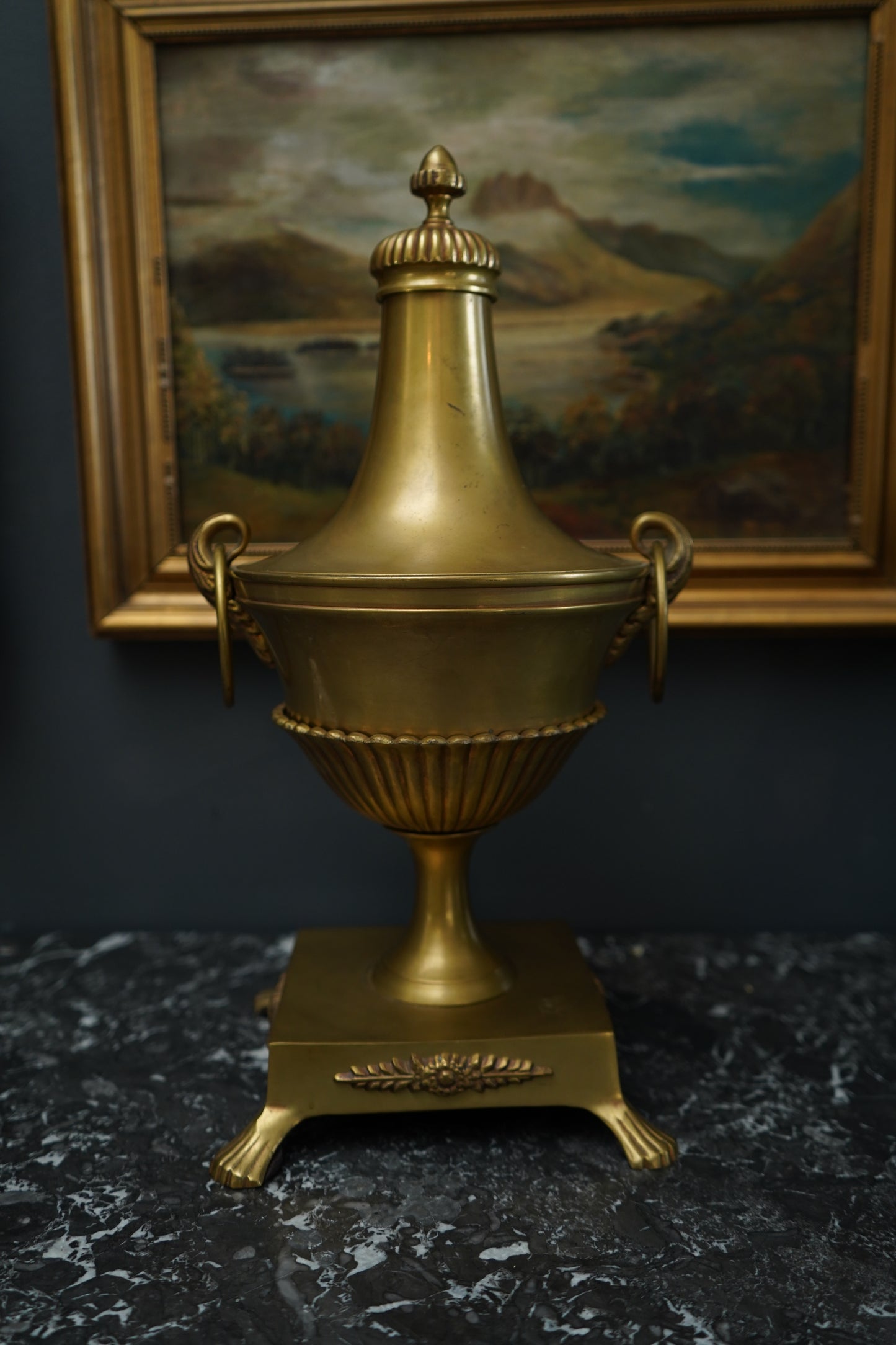 Antique Neoclassical Brass Urn with Lid and Laurel Motifs – Late 19th Century Decorative Mantel Piece