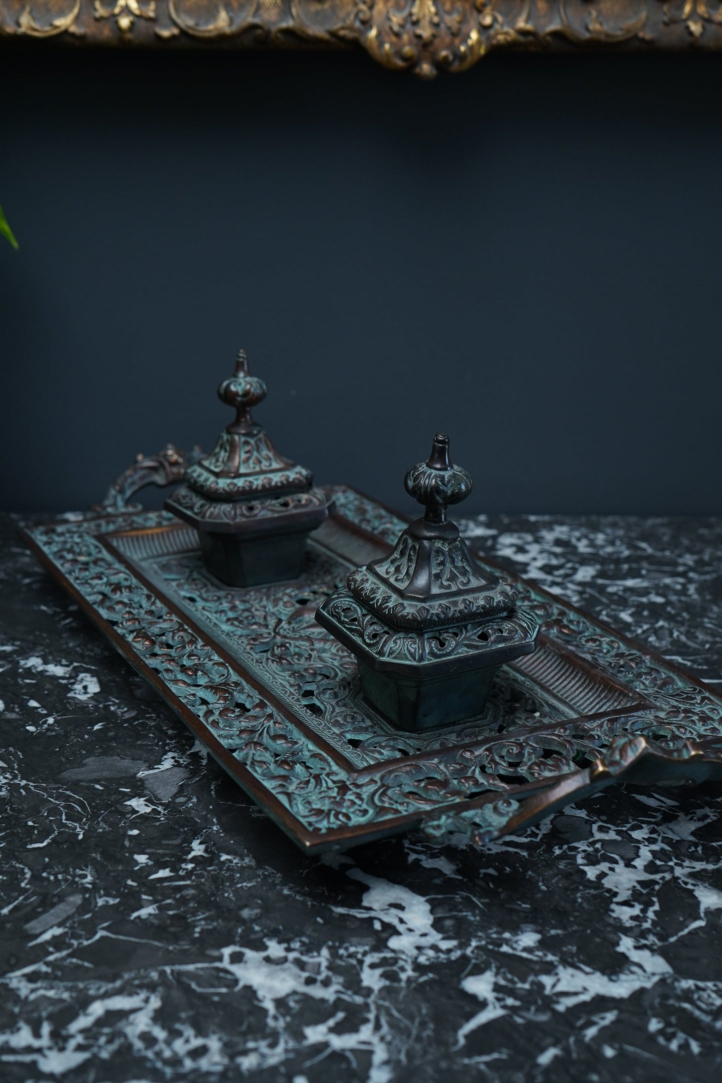 Ornate Cast Bronze Double Inkwell