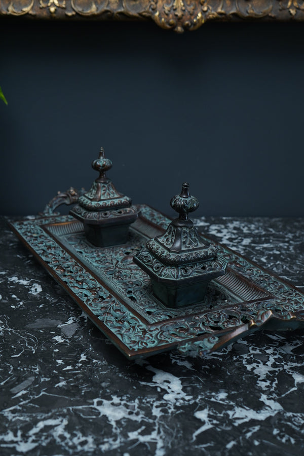 Ornate Cast Bronze Double Inkwell secondary view