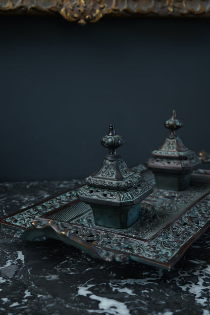 Ornate Cast Bronze Double Inkwell