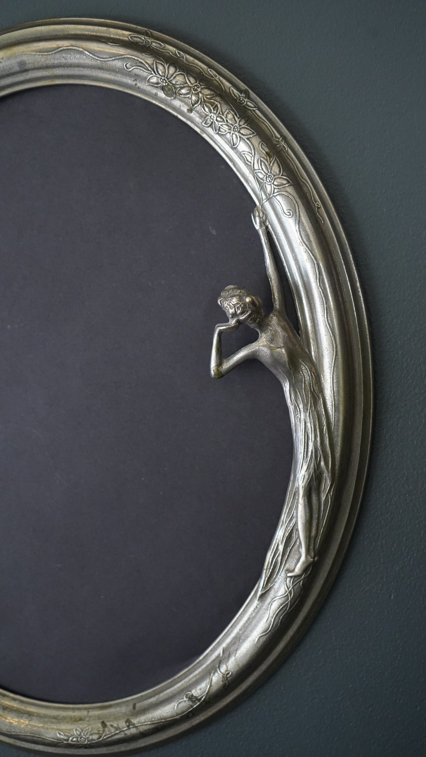 Art Nouveau Silver Plated Oval Frame with Lady and Floral Motif, Circa 1900