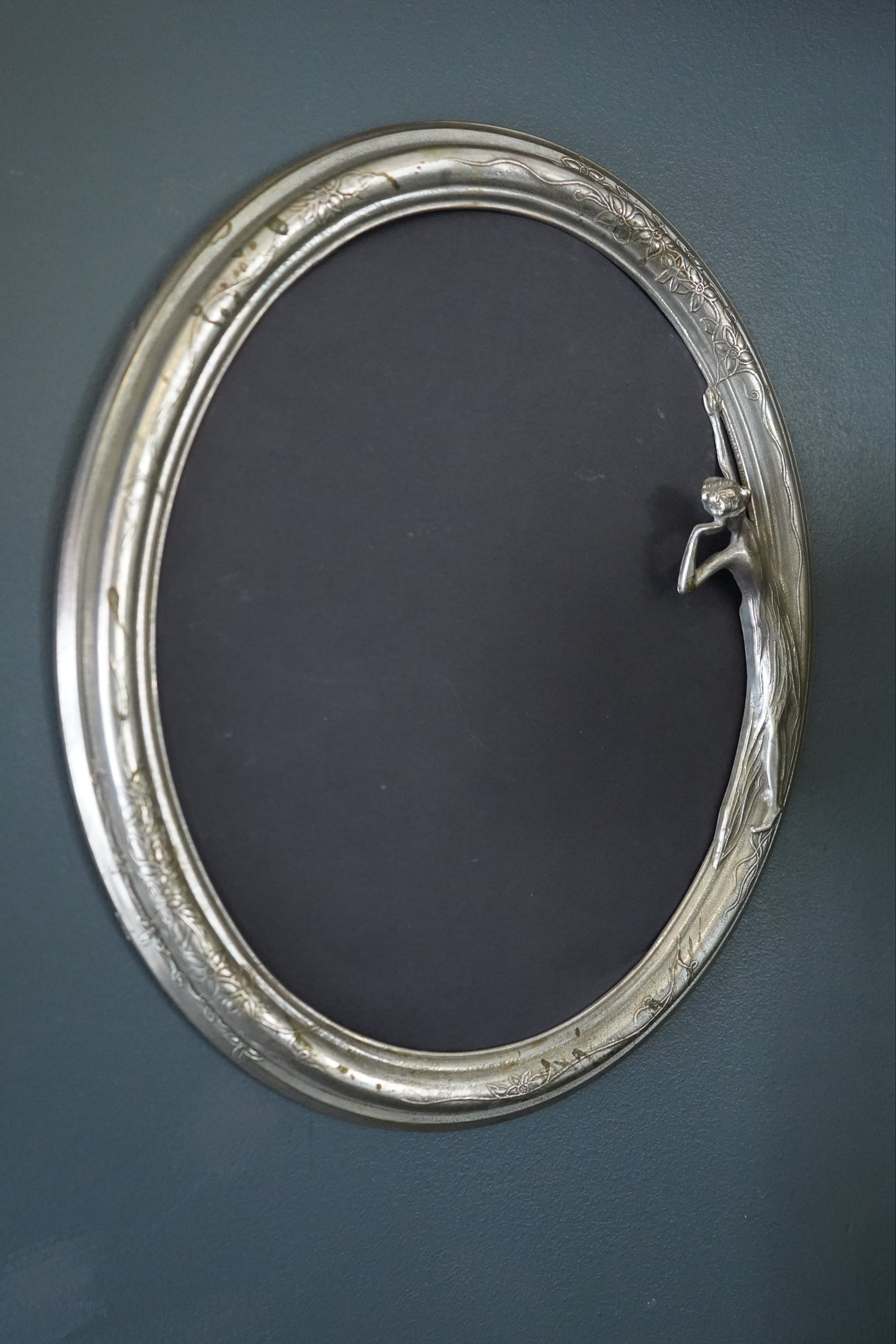 Art Nouveau Silver Plated Oval Frame with Lady and Floral Motif, Circa 1900