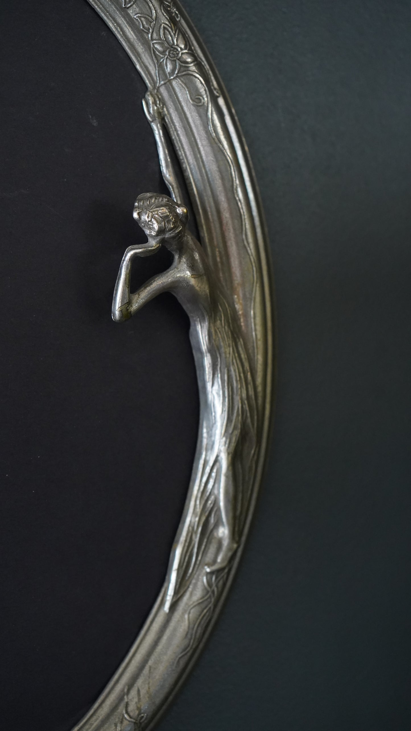 Art Nouveau Silver Plated Oval Frame with Lady and Floral Motif, Circa 1900