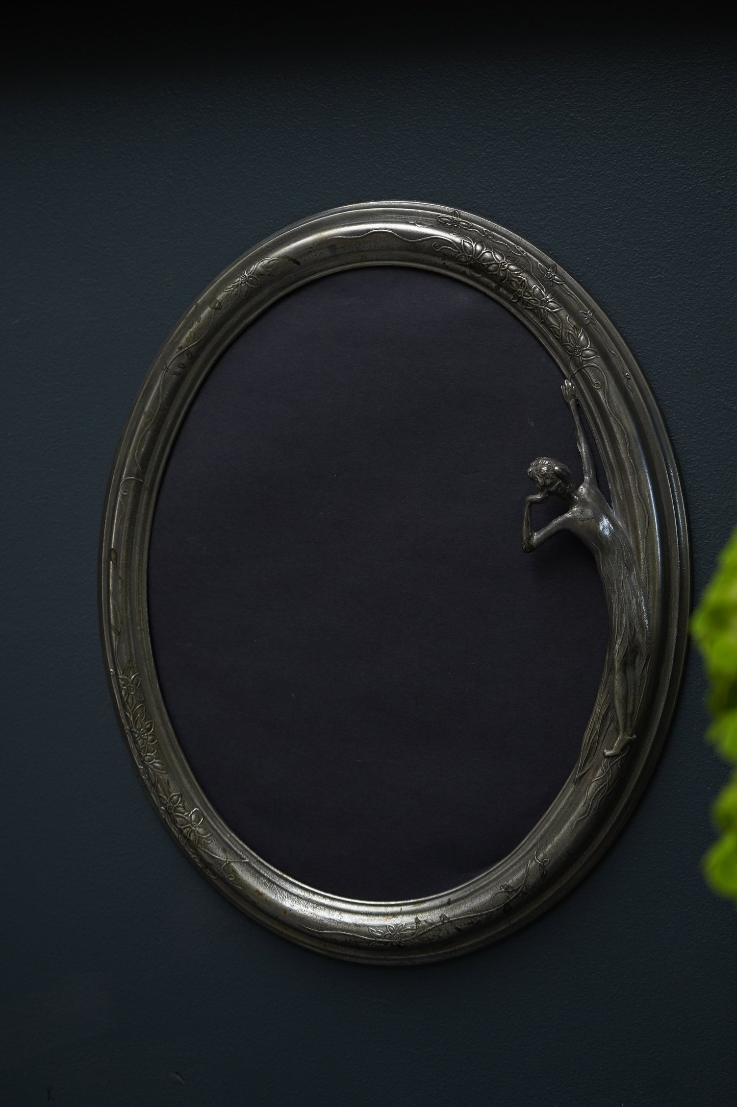 Art Nouveau Silver Plated Oval Frame with Lady and Floral Motif, Circa 1900