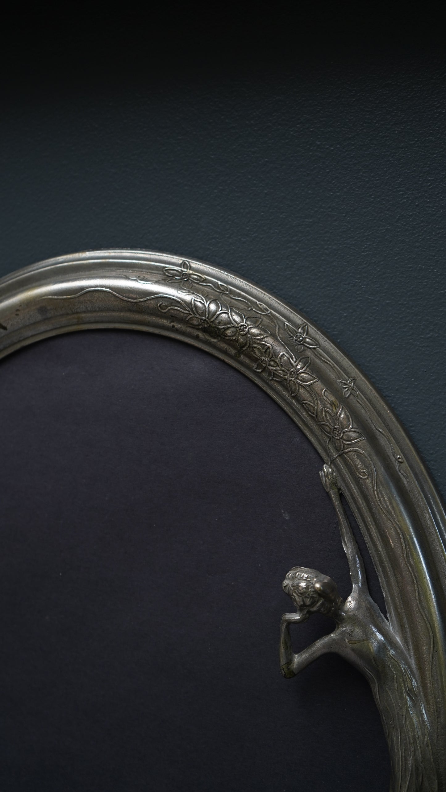 Art Nouveau Silver Plated Oval Frame with Lady and Floral Motif, Circa 1900