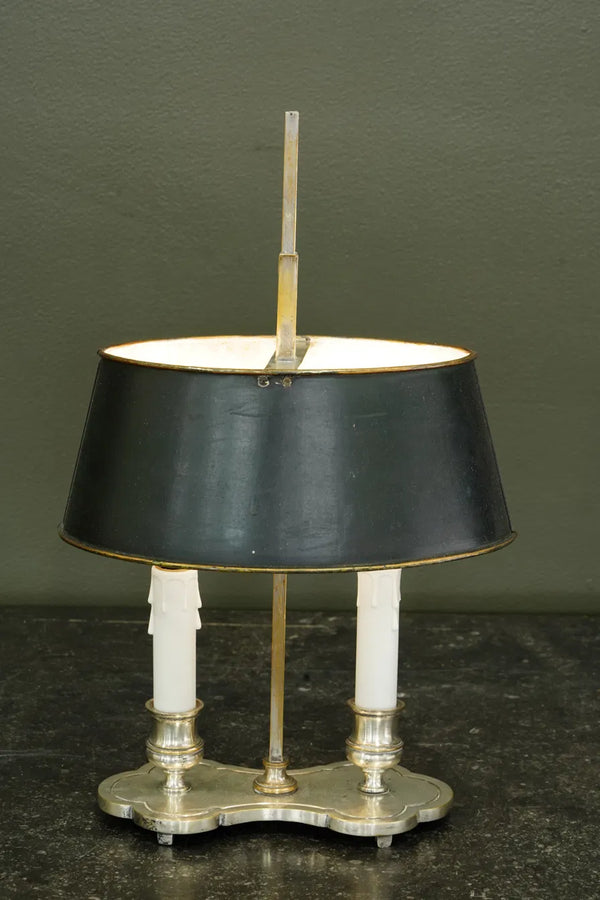 French Bouillotte Lamp, Silverplate with Black Tole Shade *as-is*