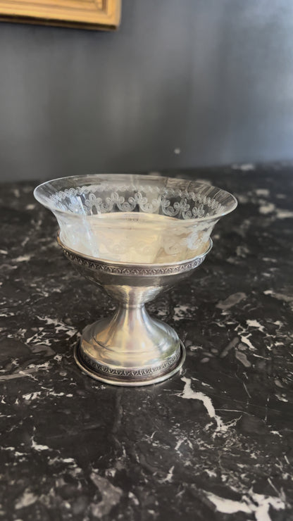 Set of 6 Sterling Silver & Etched Glass Dessert Cups