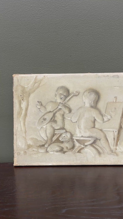 Antique Belgian Cherub Oil Painting, Putti and Lion Grisaille Panel