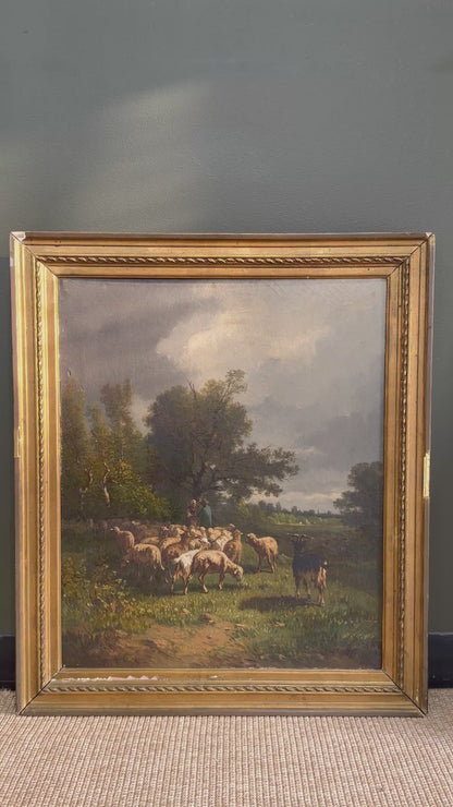 Antique French Sheep Painting Oil on Canvas Barbizon Pastoral, Circa 1880