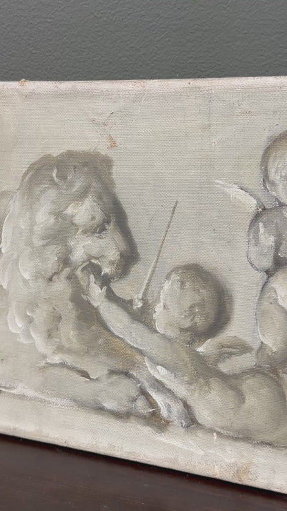 Antique Belgian Cherub Oil Painting, Putti and Lion Grisaille Panel