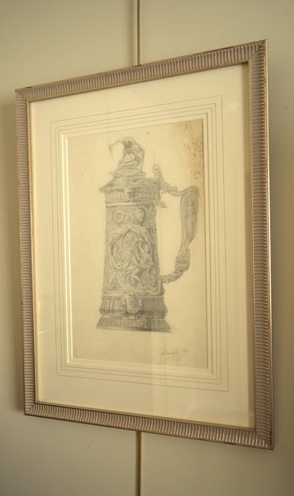 Henry Bouvet (French, 1859–1945) – Study of a Tankard, Signed Pencil Drawing on Paper, Framed