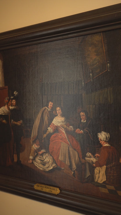 "Meeting in the Parlour" Oil on Canvas Attributed to Jan Josef Horemans (Belgium artist, 1714-1790)