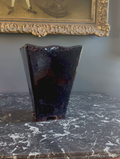 Mid-Century Japanese Black Tenmoku Glazed Terracotta Bonsai Pot | Wabi-Sabi Folk Craft Planter (8.75")