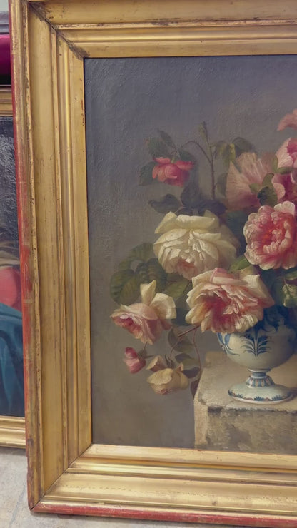 Antique Oil Painting Roses in Blue and White Vase