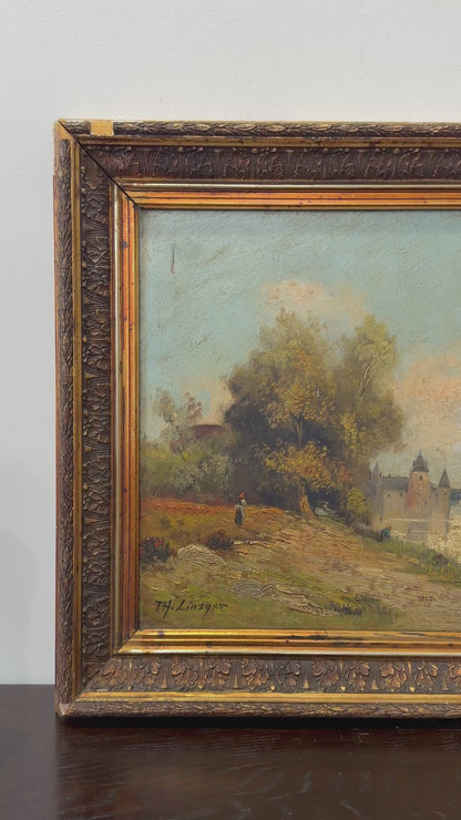 Antique French River Landscape Oil Painting with Castle, Signed