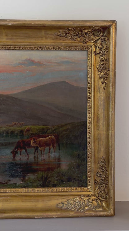 *RESERVED* Victorian Oil Painting, Highland Cattle at a Loch, Signed, Circa 1880