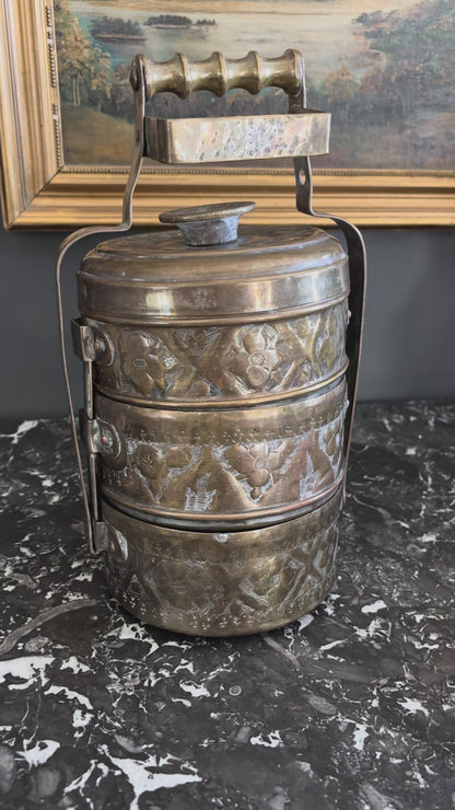 Vintage Brass Tiffin Carrier | Hand-Engraved 3-Tier Food Container with Handle