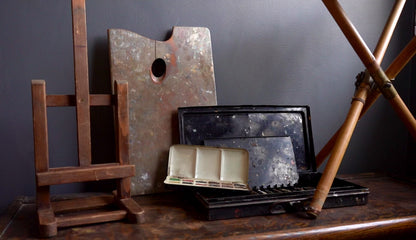 Vintage British Artist Paint Kit with Folding Stool, Easel, Palette and Paint Box