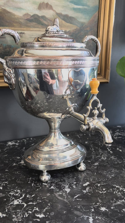 Antique Silver Plated Samovar with Sphinx Finial and Lion Mask Handles | Victorian Tea Urn