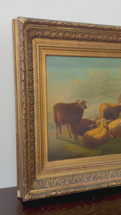 Antique Sheep Oil Painting Landscape, Oil on Board