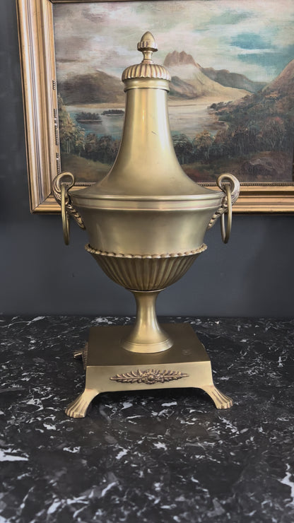 Antique Neoclassical Brass Urn with Lid and Laurel Motifs – Late 19th Century Decorative Mantel Piece