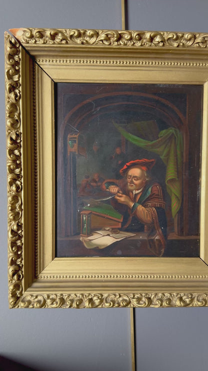 Antique Dutch Genre Oil on Metal Painting, “The Scholar” Pendant to “The Dentist”