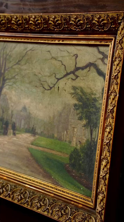Antique Oil Painting Brussels Park Garden Scene